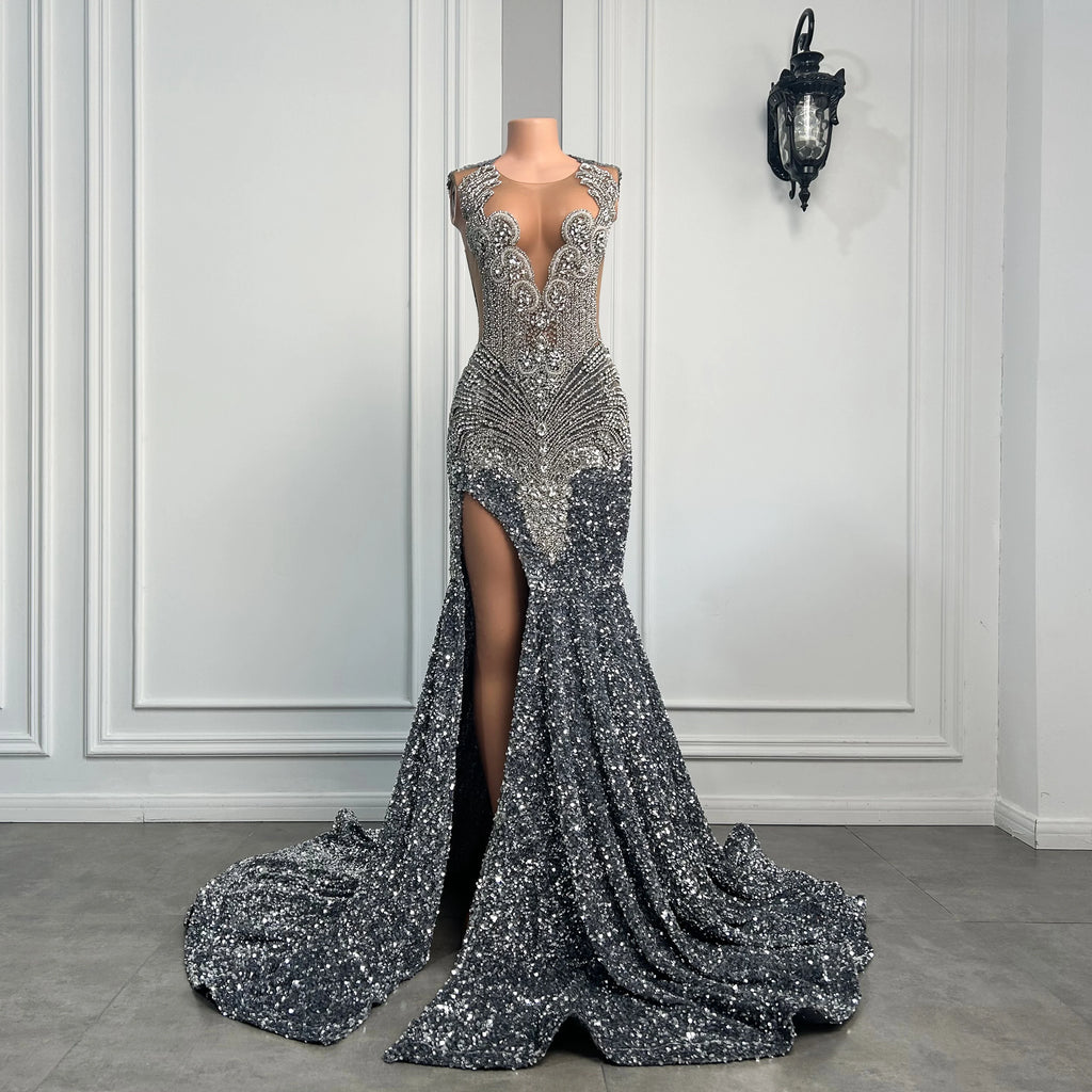 Long Sparkly Prom Dresses High Slit Luxury Diamond Silver Sequin