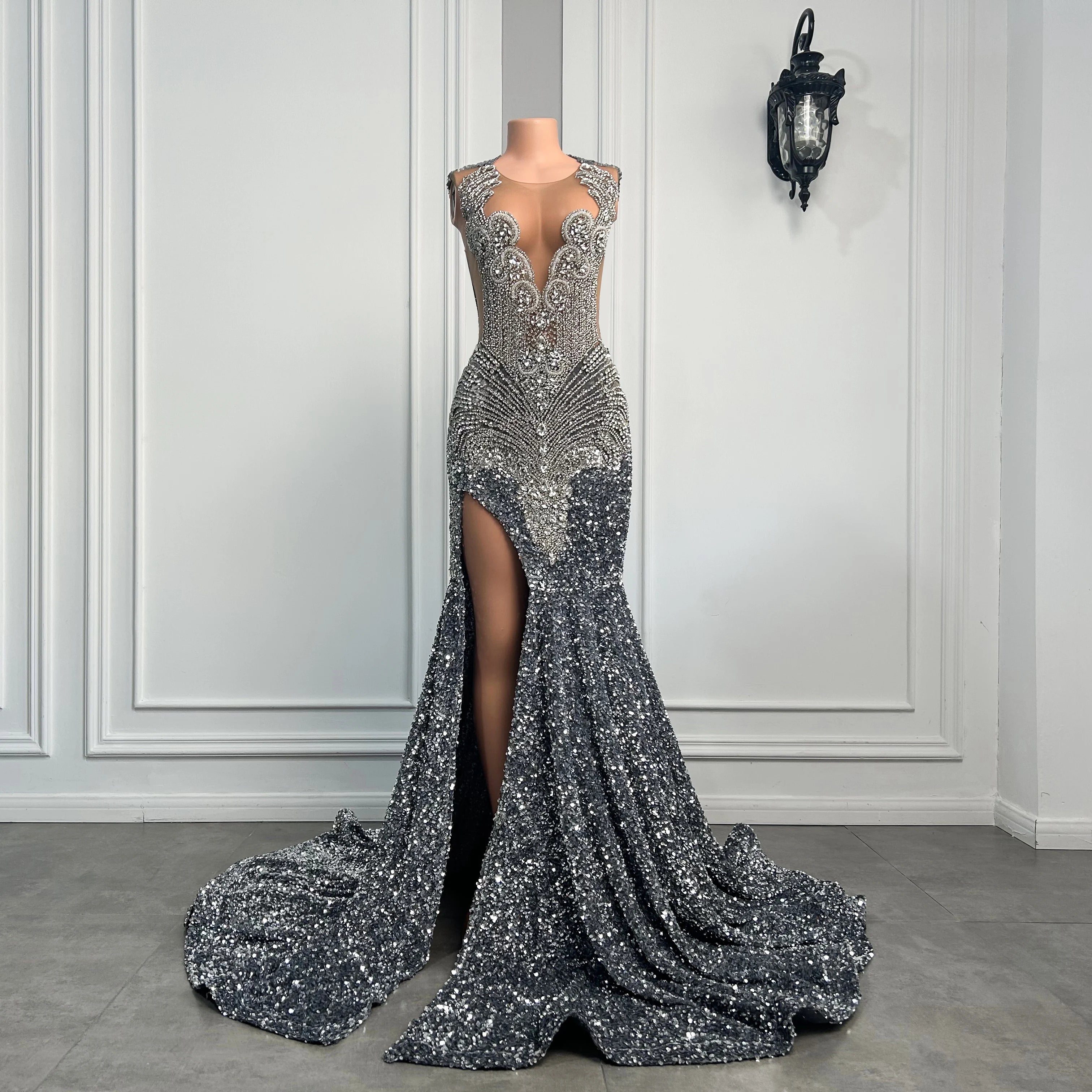 Long Sparkly Prom Dresses High Slit Luxury Diamond Silver Sequin