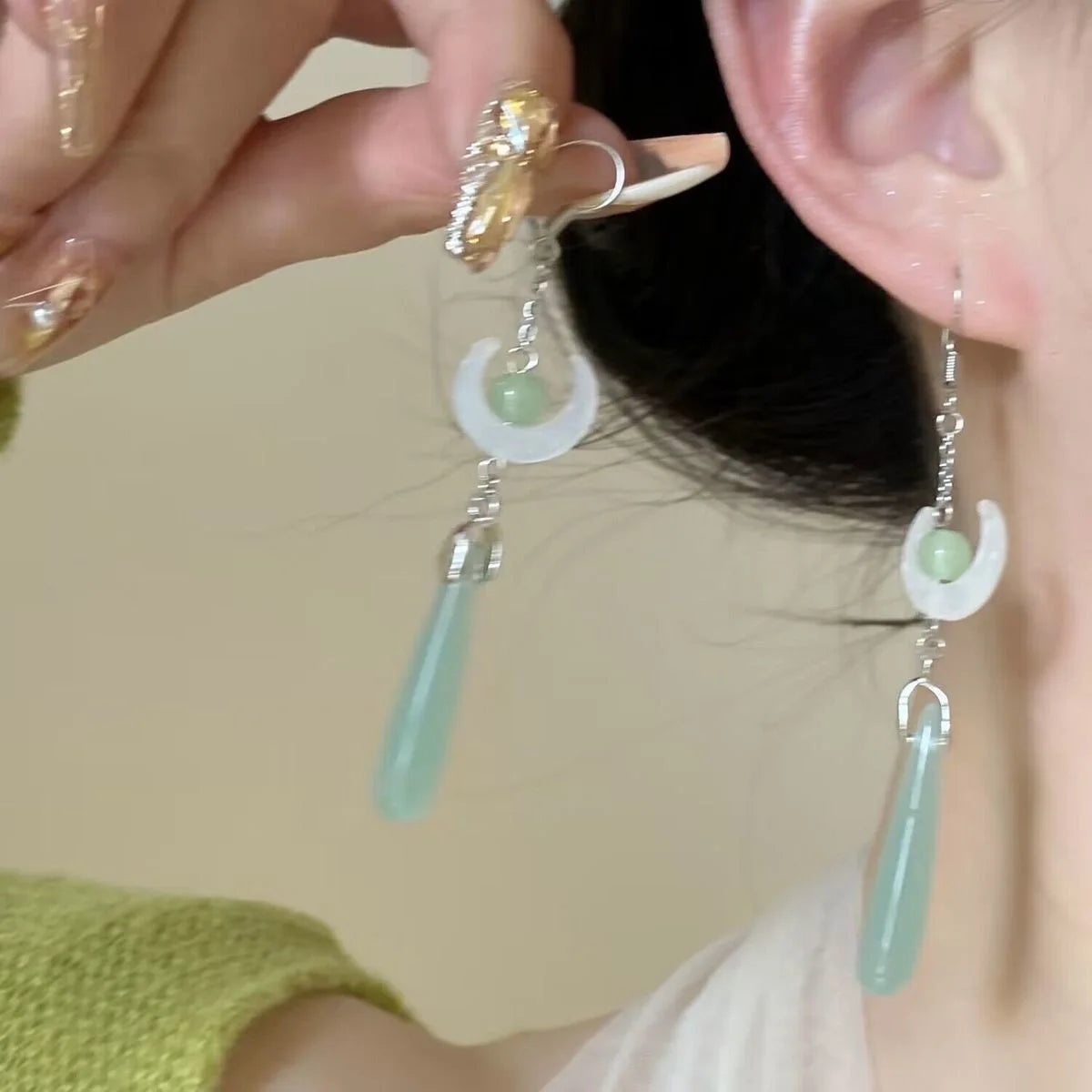 Steel Fun Jewelry HanFu Moon Pendent Long Tassel Earrings for Women