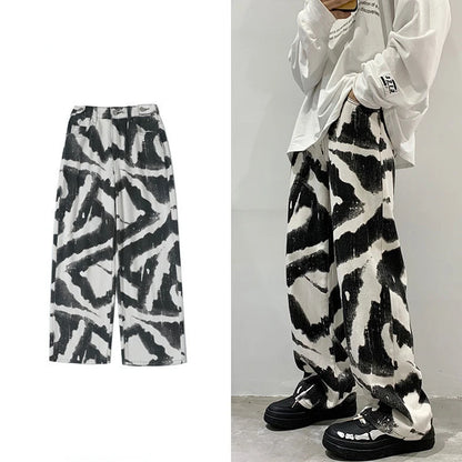 Zebra Printed Jeans Men Straight Casual Wide Leg Oversize Denim Pants