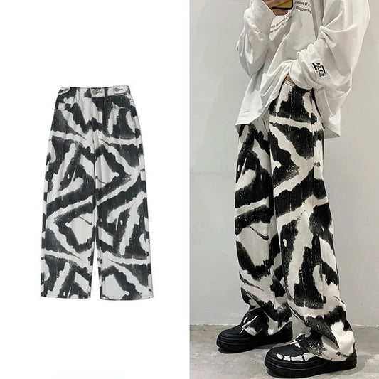 Zebra Printed Jeans Men Straight Casual Wide Leg Oversize Denim Pants