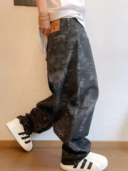 Snake Animal Print Camouflage Pants for Men Wide Leg Jeans