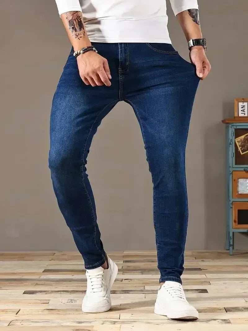 Man Classic Style Pants Light Blue Stretch Jeans Zipper Casual Slim Fit Trousers Male Pencil Pants Denim Skinny Jeans Men Brand