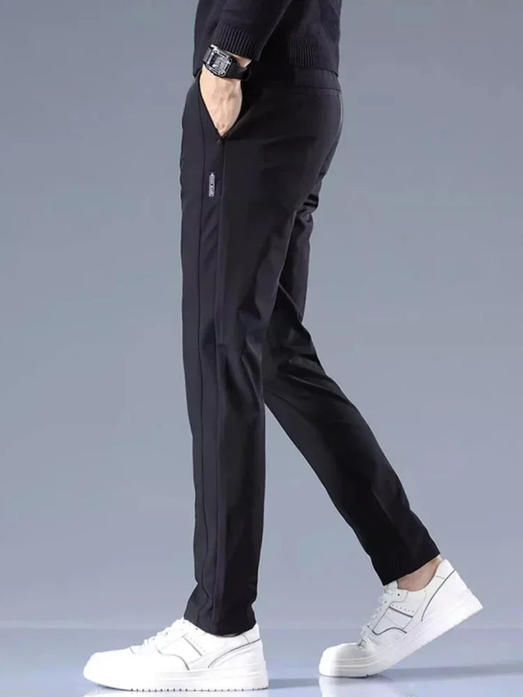 Elastic Men's Casual Trousers Summer Ultra-thin Ice Silk Slim Straight Business Pants Quick-drying Sweatpants Black Gray