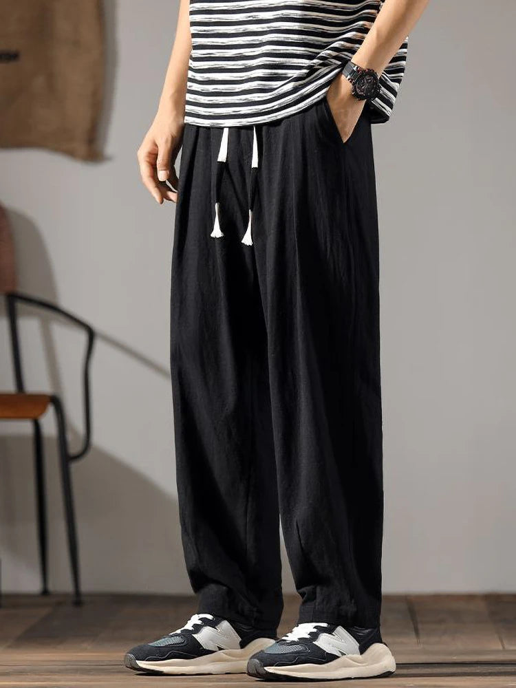 Japenese Cotton Linen Pants Men Summer Straight Casual Ice Silk Sweatpants Male Wide leg Oversize Linen Trousers 2024 New