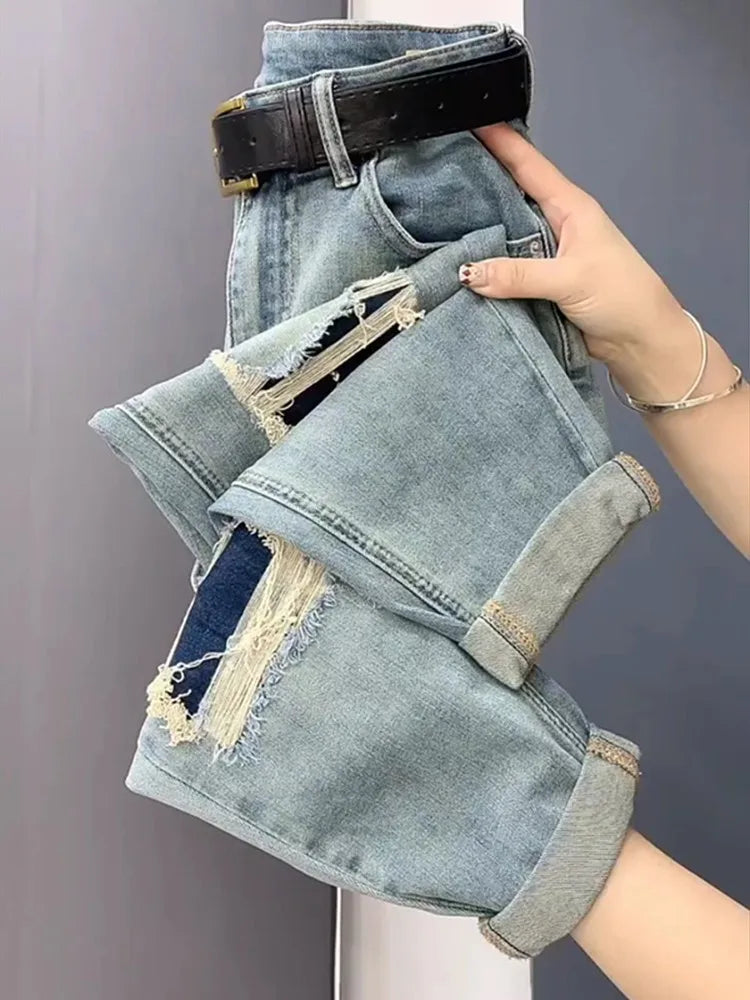 2023 NEW Spring Autumn High Waist Straight Jeans Loose Fit Stretch Haren Denim Pants Ladies Ankle-Length Jeans Pants