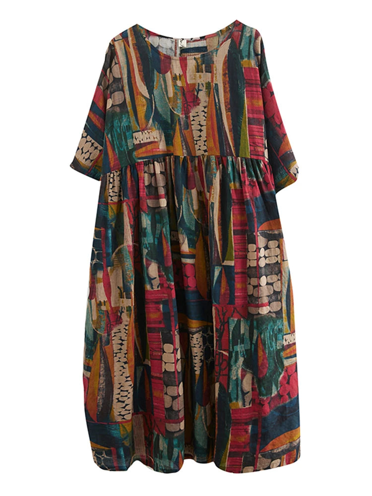 Short Sleeve Cotton Linen Vintage Print Summer Long Dresses For Women 2025 Casual Loose Holiday Ladies Dress Elegant Clothes