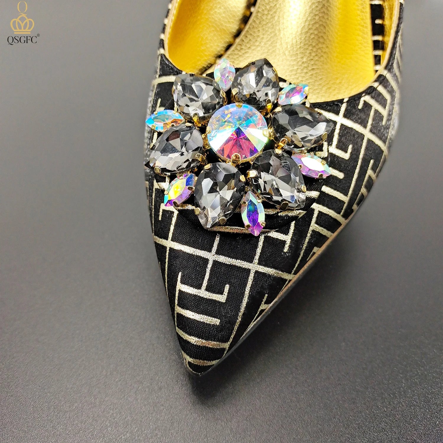 Embossed Style Big Diamond Decoration Classic Black Color Shoes and Bag Set