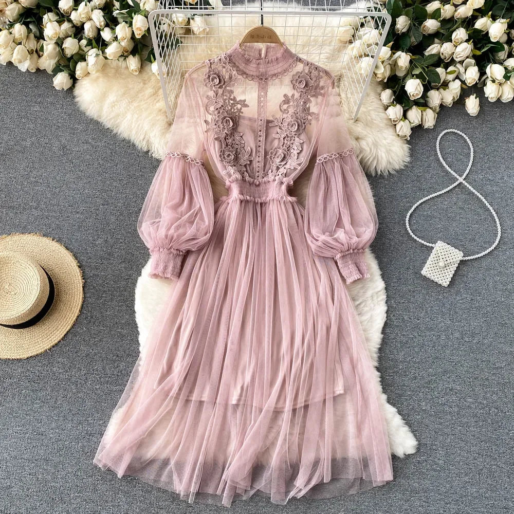 Three-dimensional Flower High Waist Slim Female Dresses