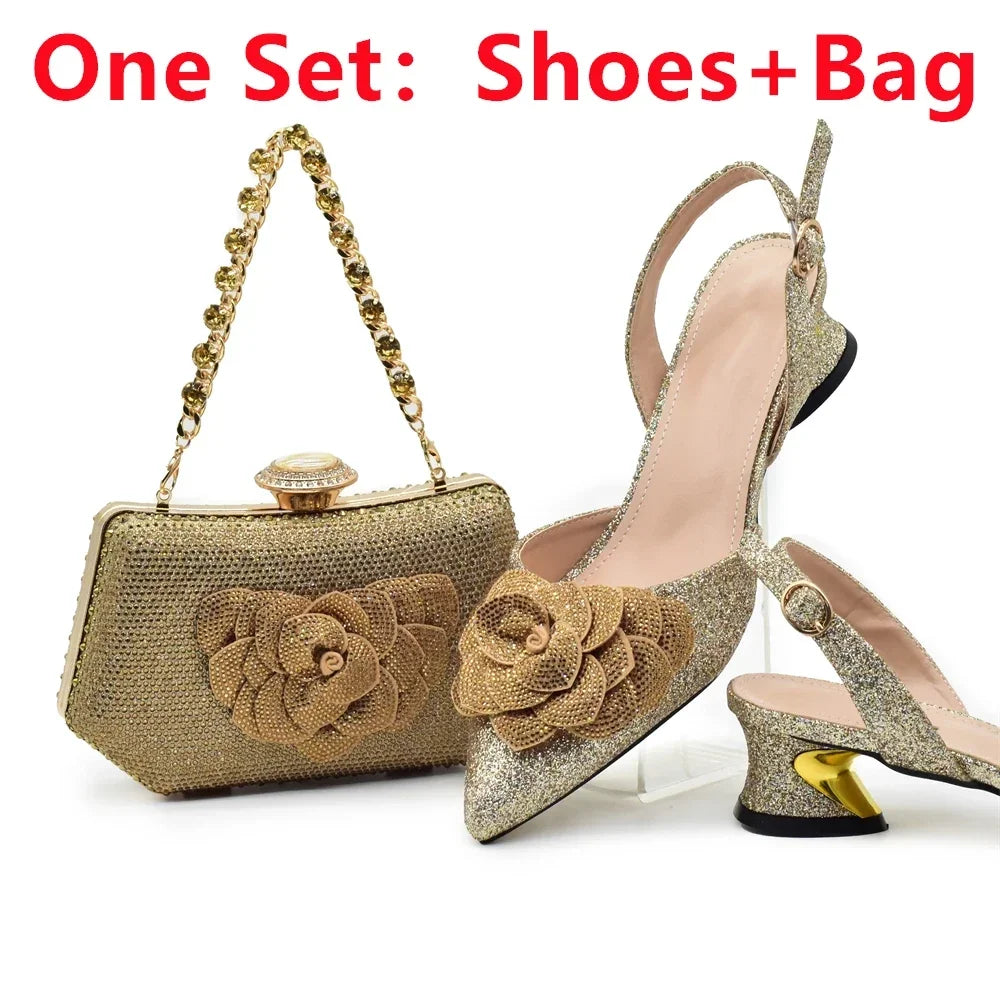Fashion Shoe and Bag Set for Nigeria Party Italy Luxury Italian Shoes and Bag Set for Women Rhinestone Pumps Women Shoes Luxury
