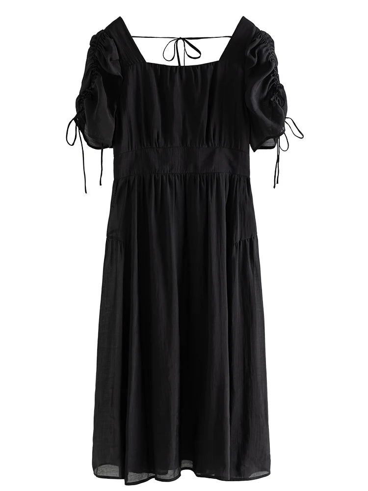 DUSHU French Vintage Tie Waist Dress Summer 2023 New Fresh Dress For Women Green Black Women Hight Waist Dress For Women