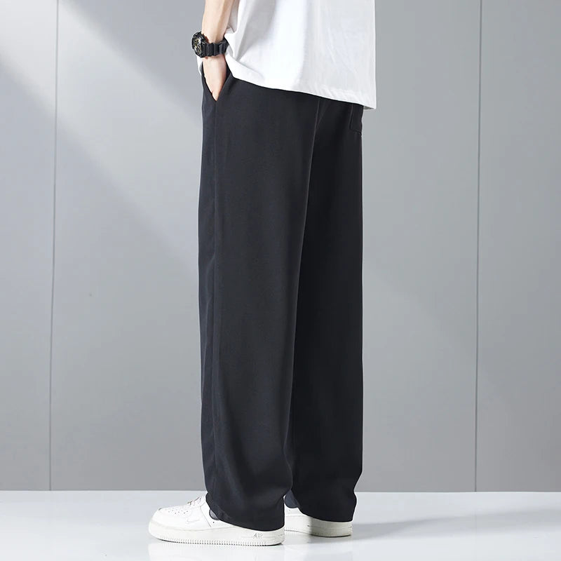 Size M-5XL Loose Straight Mens Casual Pants Fashion Streetwear Korean Cool Ice Silk Trousers Quick-dry Jogging Man Sweatpants