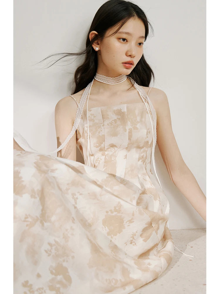 ZIQIAO Petite Suspender Dress For Women's Summer 2024 New French Short Sleeved Medium Length A-line Dress 24ZQ92215+24ZQ92208