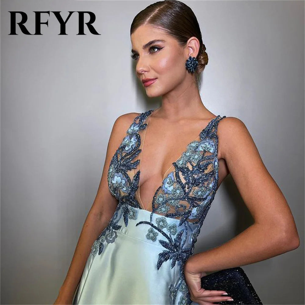 RFYR Spaghetti Strap Blue Formal Dresses Deep V Neck Party Dress For Wedding Appliques Lace Special Occasion Dresses Customized