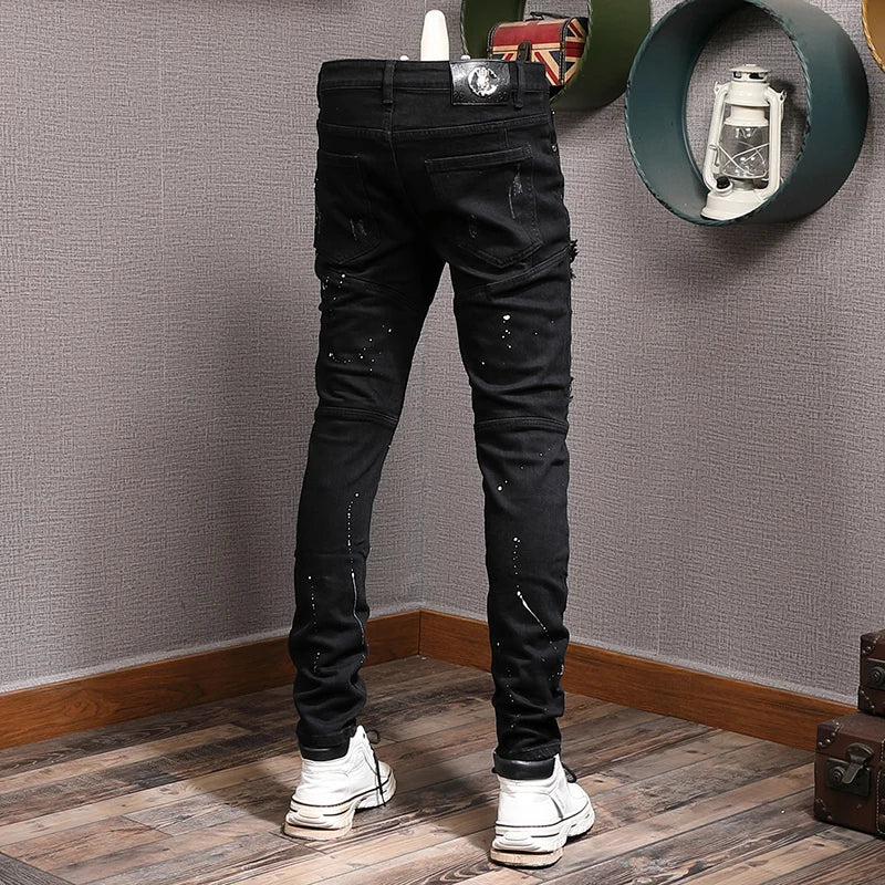 Men Jeans Black Color Stretch Elastic Slim Fit Painted Ripped Jeans