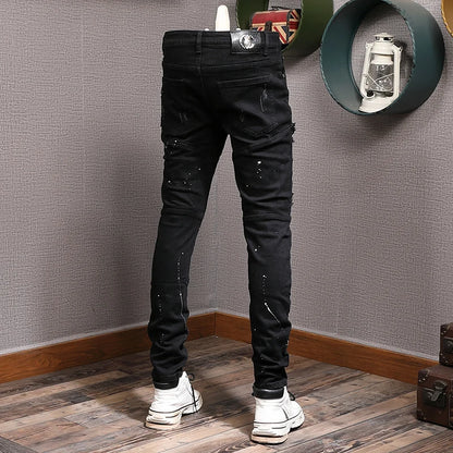 Men Jeans Black Color Stretch Elastic Slim Fit Painted Ripped Jeans
