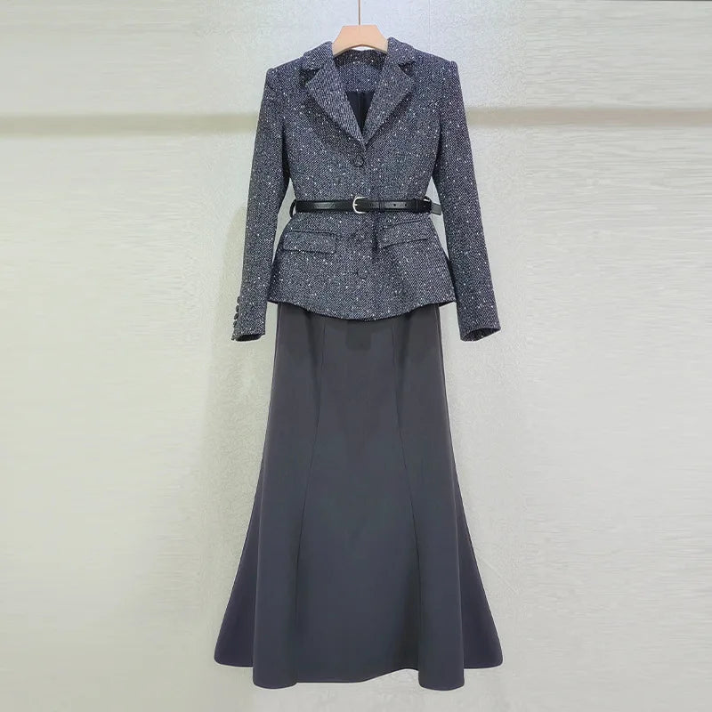 Luxury Tweed Long Dresses Women Spring Autumn Mixed Grey Full Sleeve