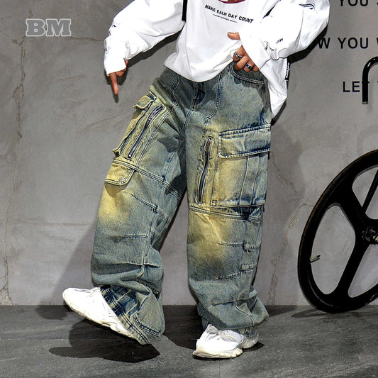 Distressed Denim Cargo Pants Men's Clothing Multi-Pocket Baggy Jeans
