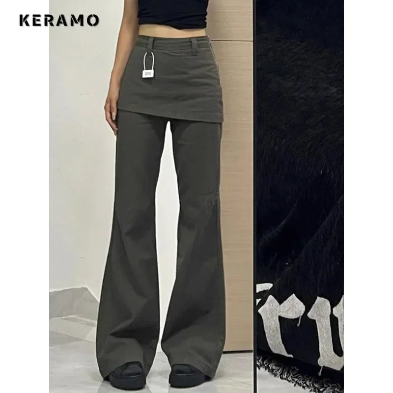 2025 Autumn Female Harajuku High Waist Flared Jeans Retro Y2K Hight Street Pants Women's Vintage Patchwork Denim Trouser