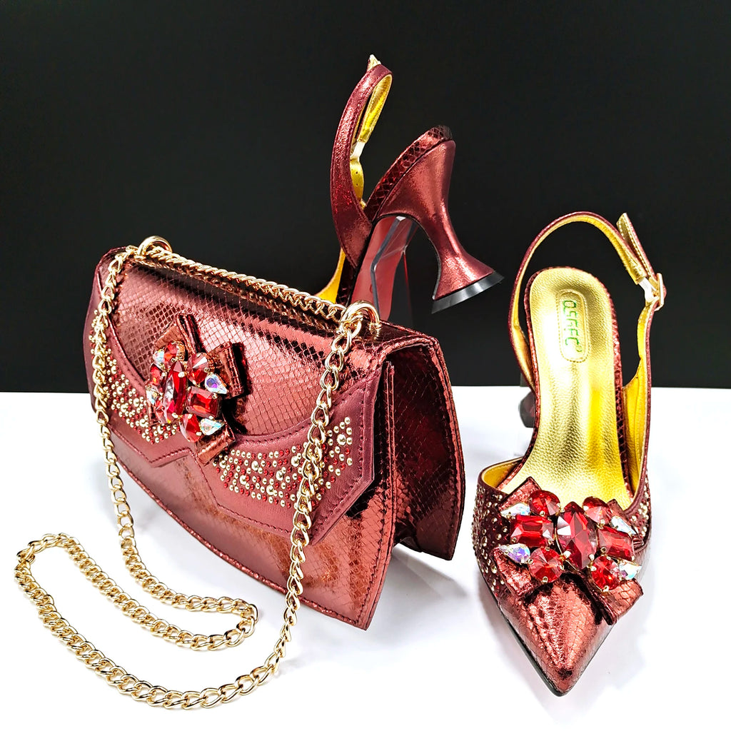 Ladies Wine Color Crystal Heels And Bag Three-Dimensional Capacity Bag & Shoes