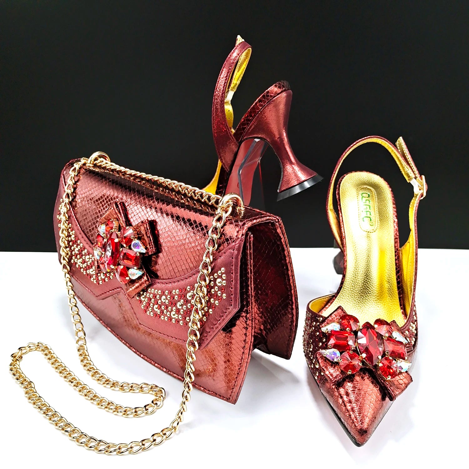 Ladies Wine Color Crystal Heels And Bag Three-Dimensional Capacity Bag & Shoes