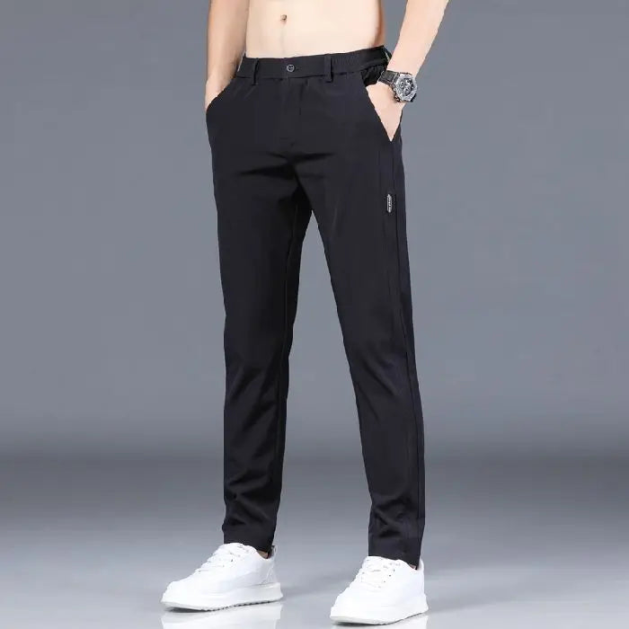 Elastic Men's Casual Trousers Summer Ultra-thin Ice Silk Slim Straight Business Pants Quick-drying Sweatpants Black Gray
