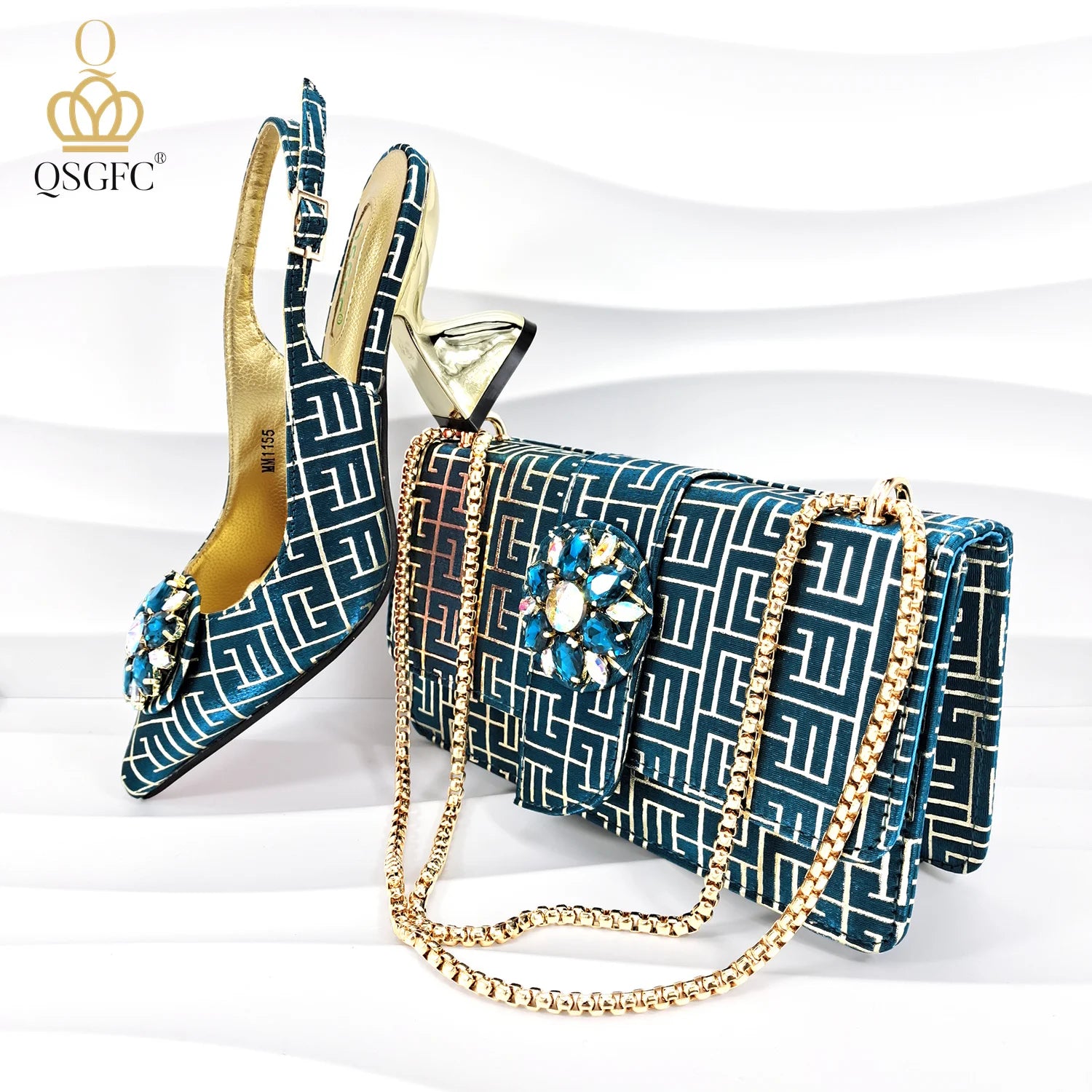 Embossed Style Big Diamond Decoration Classic Black Color Shoes and Bag Set