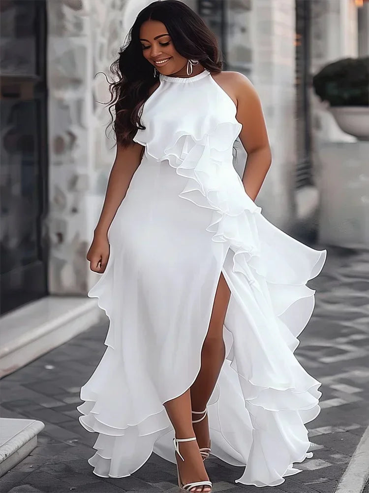 Sleeveless Layered Ruffled Solid Color Split-Side Elegant Party Evening Dresses