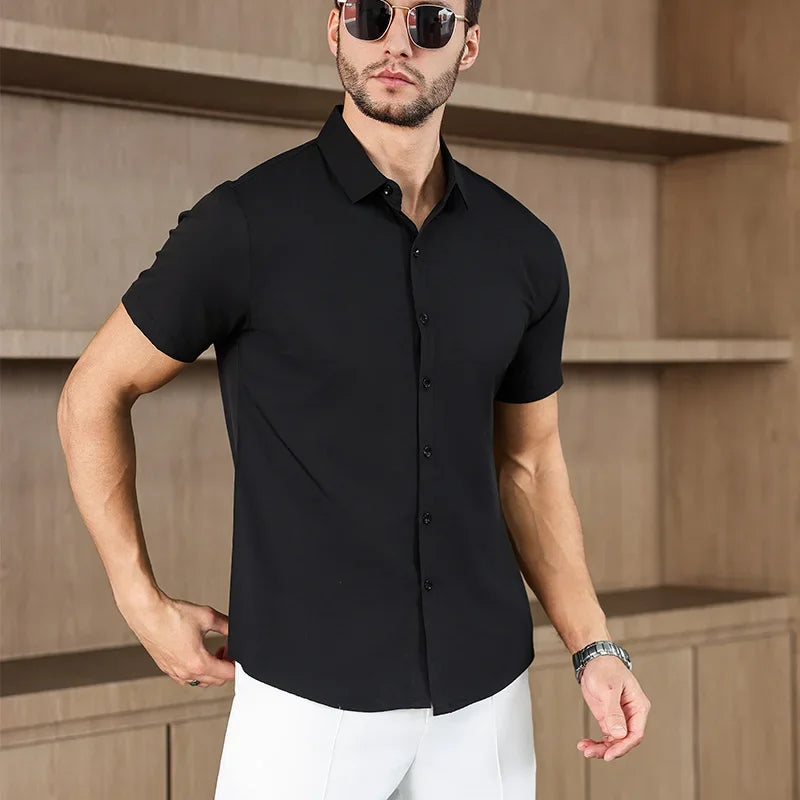 New Men's Business Casual Solid Color Short Sleeved Shirt for Summer Fashion No Ironing Comfortable and Versatile Top