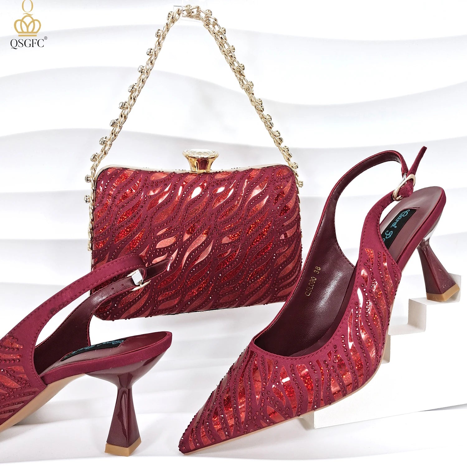 Ladies Heel and Bag Set Full Diamond Fashion Silver Color Pumps