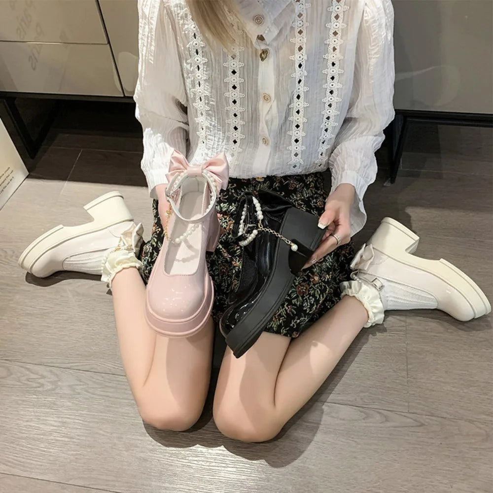 Pink Beaded Mary Jane Shoes Women's High-heeled Shoes Spring Autumn Wear Round Toe Shallow Sakura Pink Jk Uniform Platform Shpes