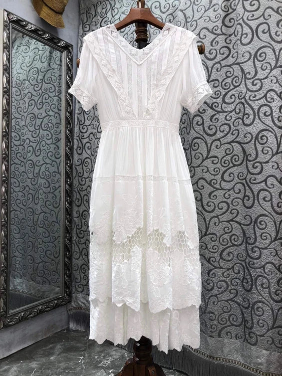 Gypsylady Floral Embroidery Chic Midi Dress White Cotton Summer Boho Women Tiered Dresses Puff Sleeve Sheer Sexy Holiday Vestido