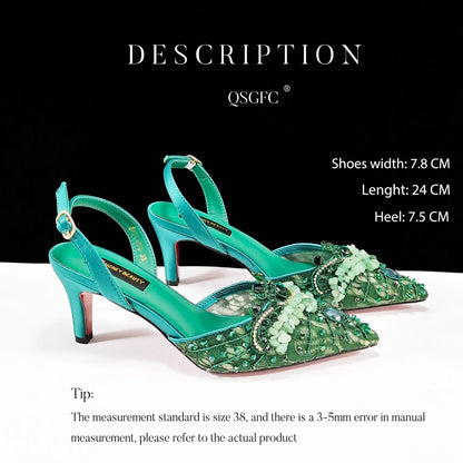 Elegant Women Heels Shoes And Bag Set Rhinestone with Coral Shoes