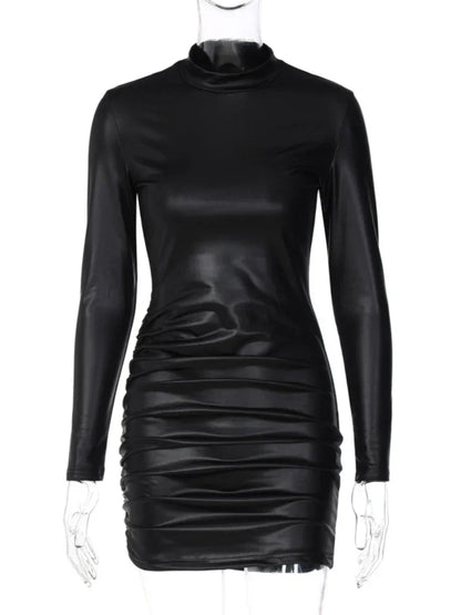 Sexy Imitation Leather Folds Slim Bodycon Dress