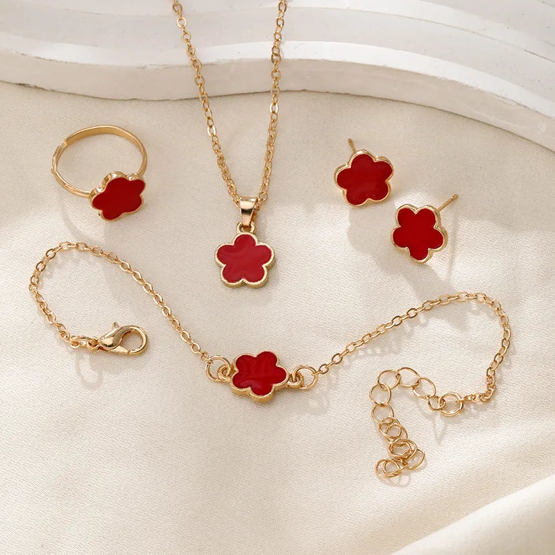 Lucky Five-petal Flower Clover Earrings Necklace