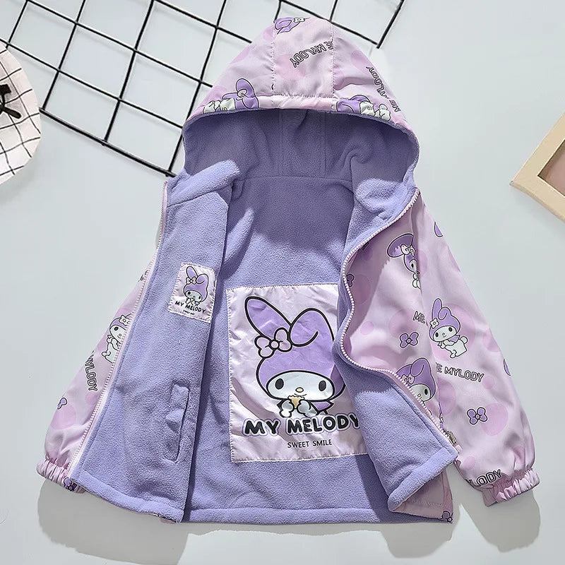 2025 Spring Autumn Kids Girls Hooded Coats Teen Sanrio My Melody Double Sided Wear Velvet Windbreaker Jackets Children Outerwear
