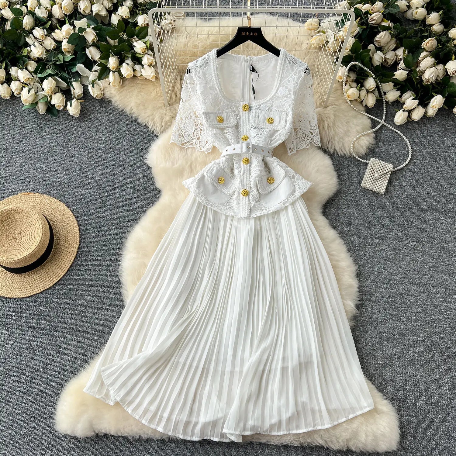 Designer Summer Pleated Chiffon Lace Long Dress