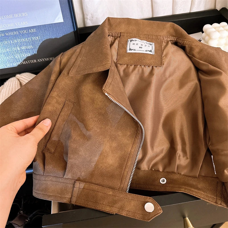 Boys Girls Brown Leather Jacket