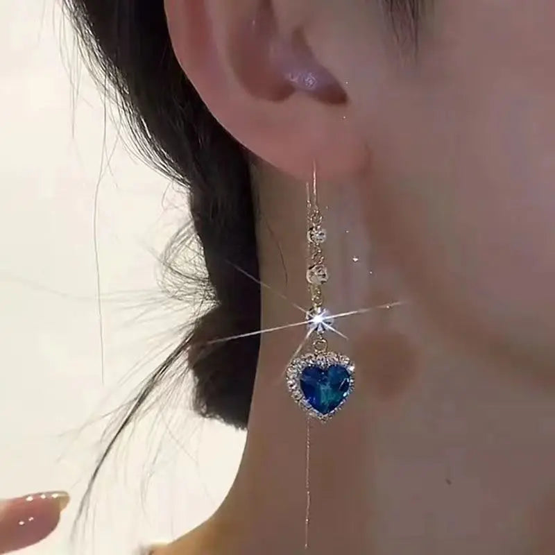 Exquisite Blue Heart Shaped Zircon Long Tassel Earrings for Women