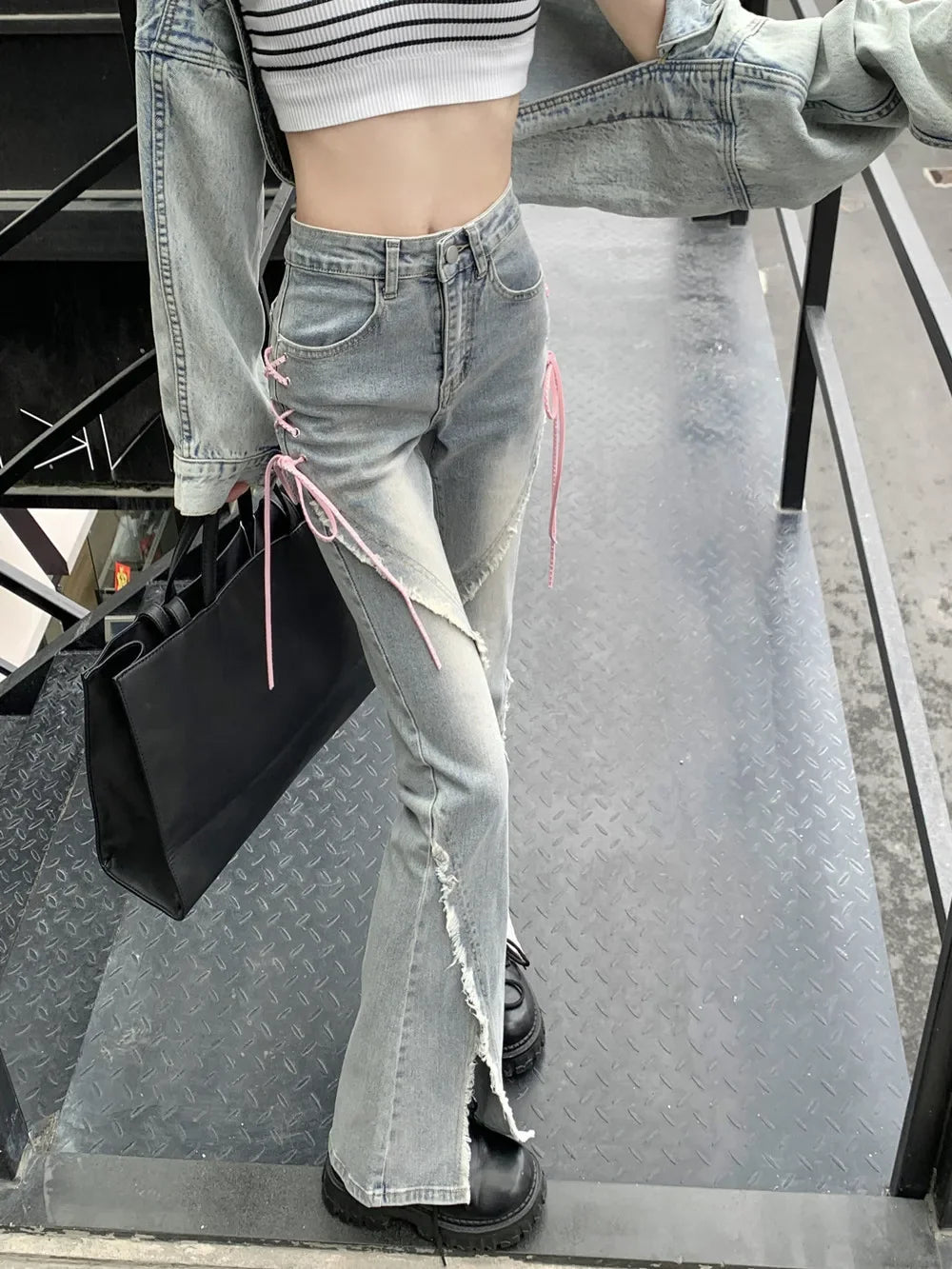 American Style Vintage High-waisted Slimming Jeans For Women Niche Pink Bow Design Sensibility Side Slit Micro Flare Leggings