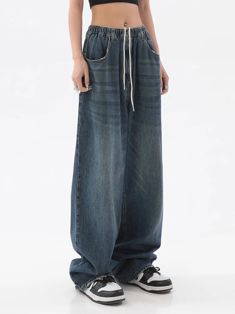 2025 Women American Vintage Baggy Jeans Elastic Waist Oversized Long Trouser Denim Pant Wide Leg Streetwear Straight Basic Daily