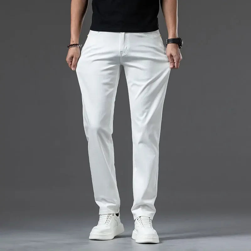 2024 New Summer Thin Men's Straight Denim Cotton Stretch Creamy-white Jeans Classic Business Pants Fashion Trousers Male Brand