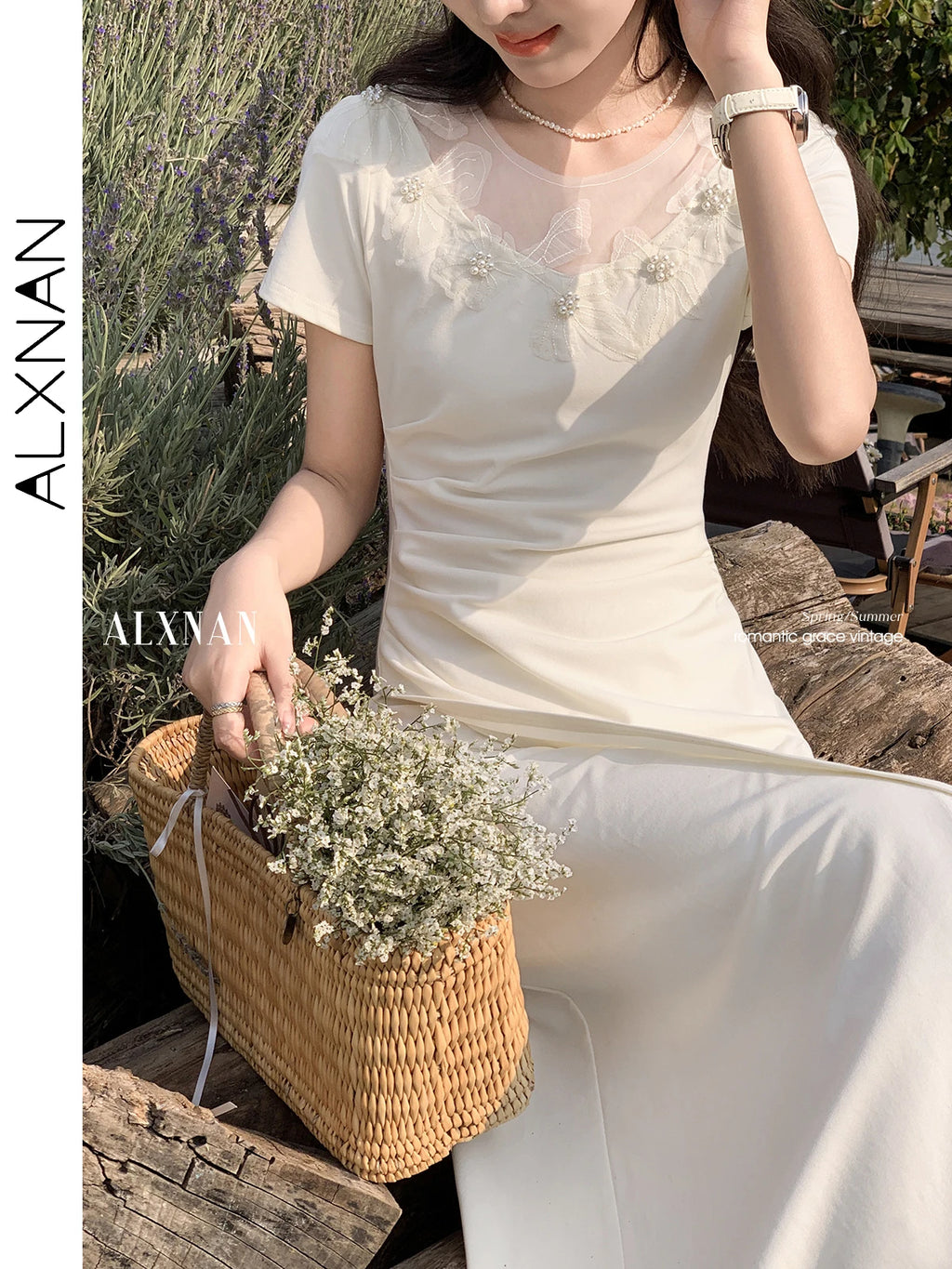 ALXNAN Women's Dress Long Elegant Holiday Party Dress 2025 Summer Pearl Beaded Lace Patchwork Design Chic Casual Clothing L55219