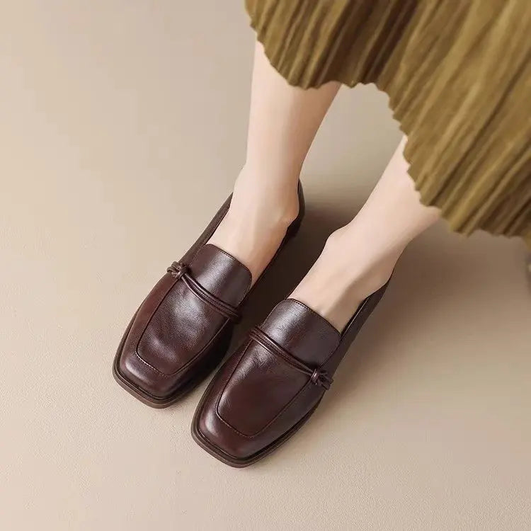 2024 Phoentin classic Loafers Women Genuine Cow Leather square Toe pumps Slip-on Retro Lady Casual cozy Shoes Handmade