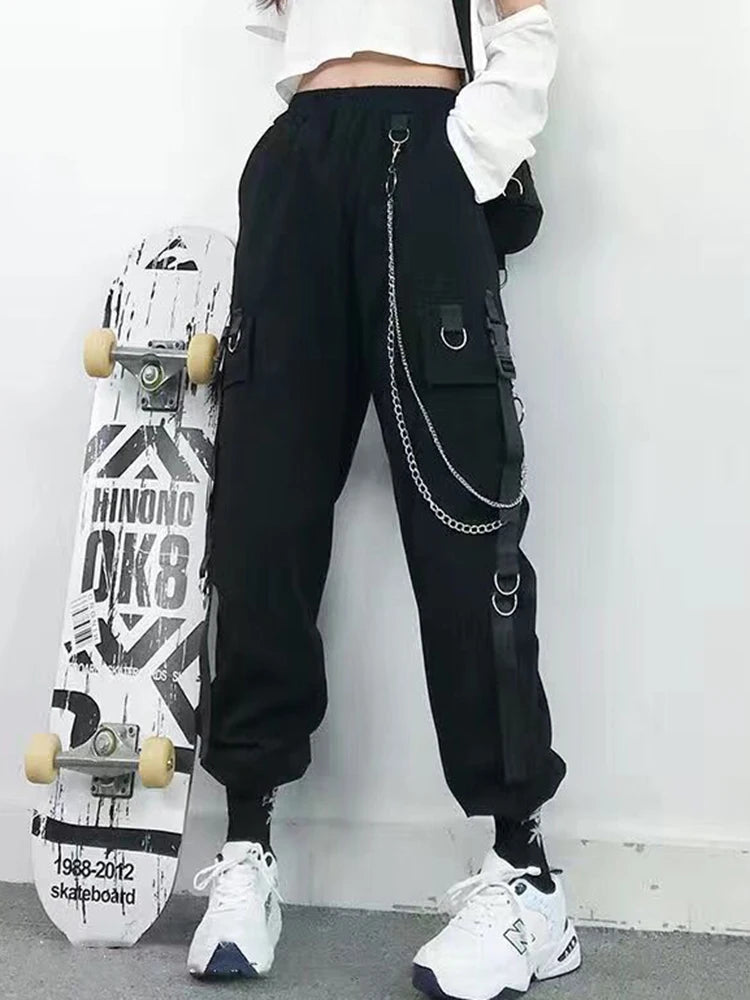 ZOKI Gothic Women Cargo Pants Black Joggers High Waisted Harajuku Harem Pants