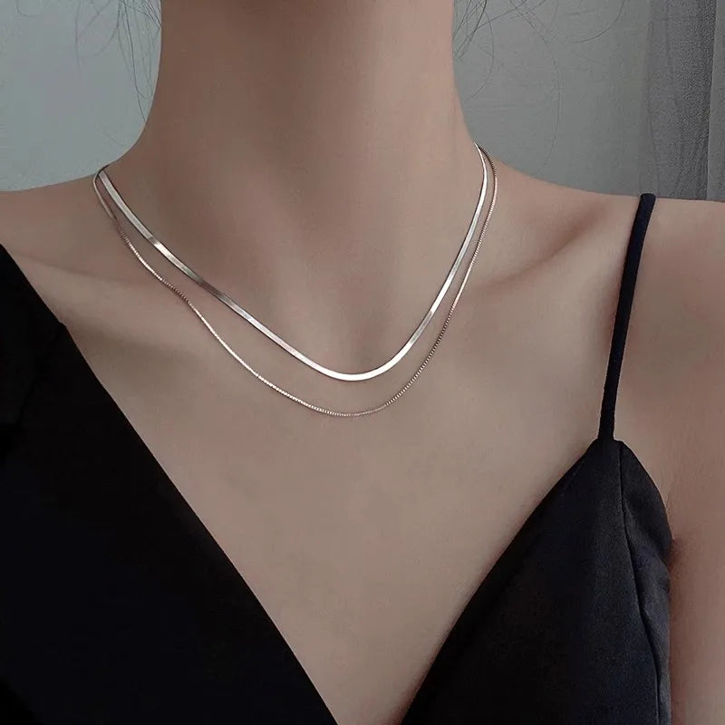 Silver Double Layer Box Chain Snake Clavicle Chain Necklace