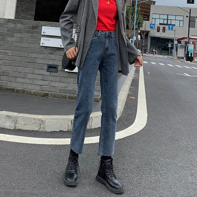 High Waist Elastic Denim Jeans Women's Loose Straight Slimming Student Versatile Small Size Nine Tube Pants Trendy