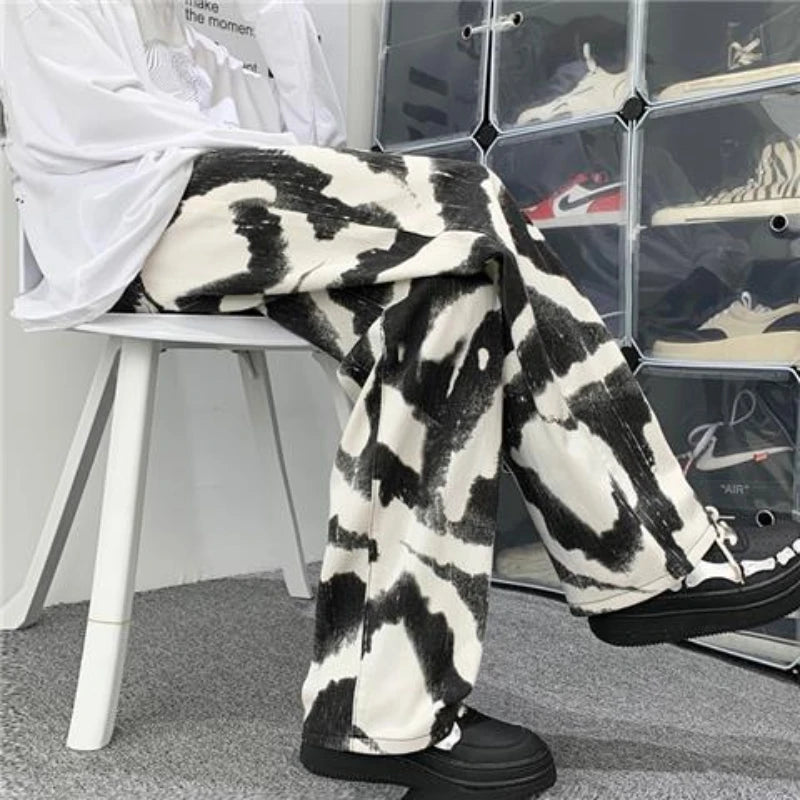 Zebra Printed Jeans Men Straight Casual Wide Leg Oversize Denim Pants