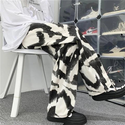 Zebra Printed Jeans Men Straight Casual Wide Leg Oversize Denim Pants