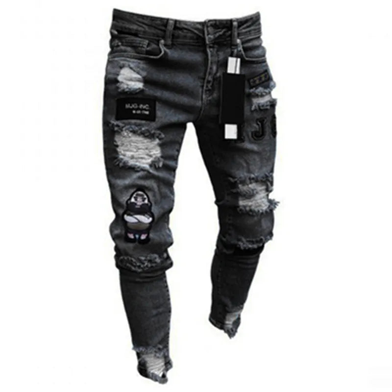 White Embroidery Skinny Ripped Jeans Men Cotton Pants